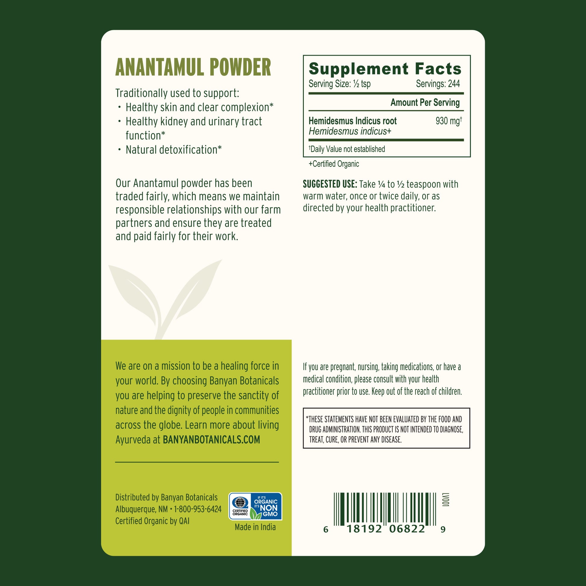 Anantamul powder back label showing supplement facts