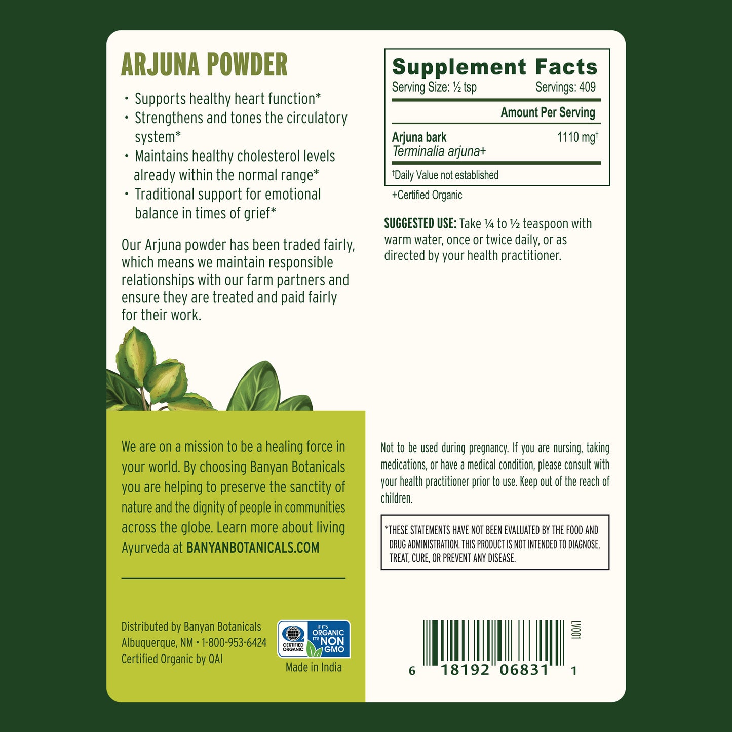 1 lb: Back label showing supplement facts and suggested use