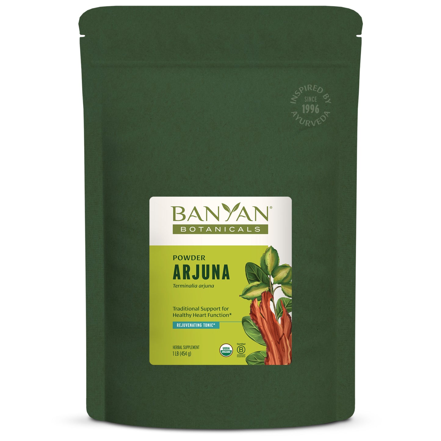 1 lb: Arjuna powder in green stand up pouch on white background