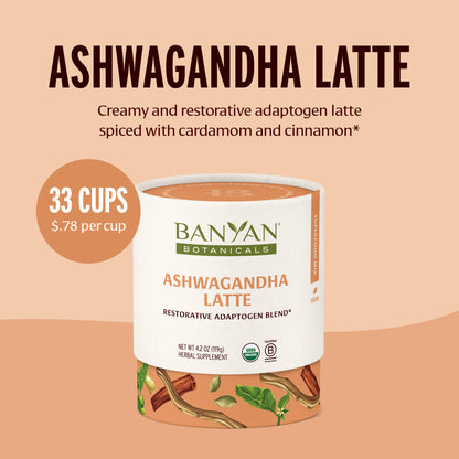 Banyan Botanicals Ashwagandha Latte packaging on a beige background—33 cups, $.78 per cup