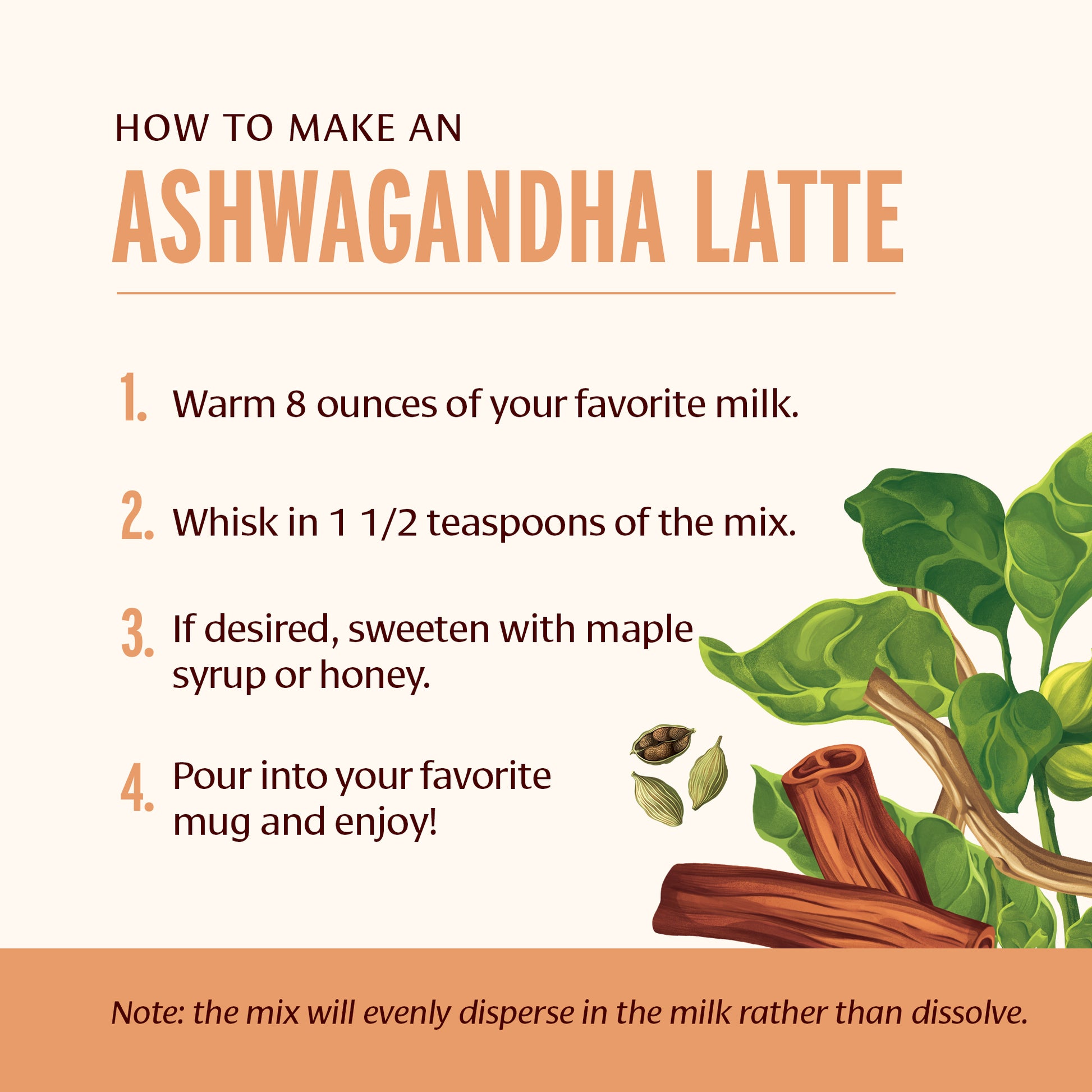 Instructions for making an Ashwagandha latte with a plant illustration on a white background.