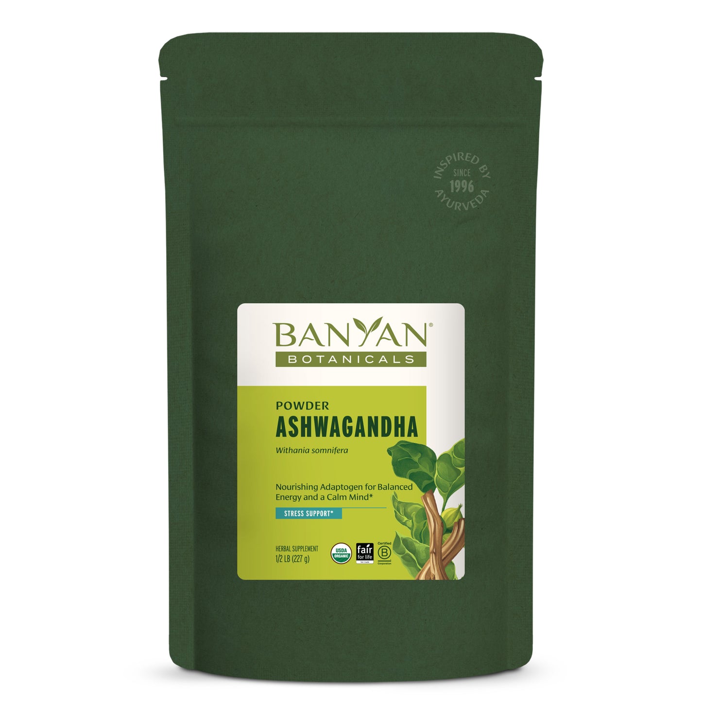 1/2 lb: Ashwagandha powder in green pouch on white background