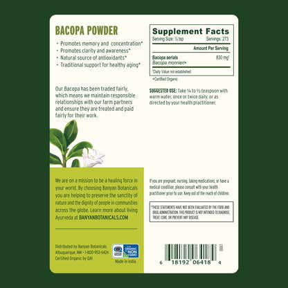 1/2 lb: 1/2 lb Bacopa powder supplement label with green background