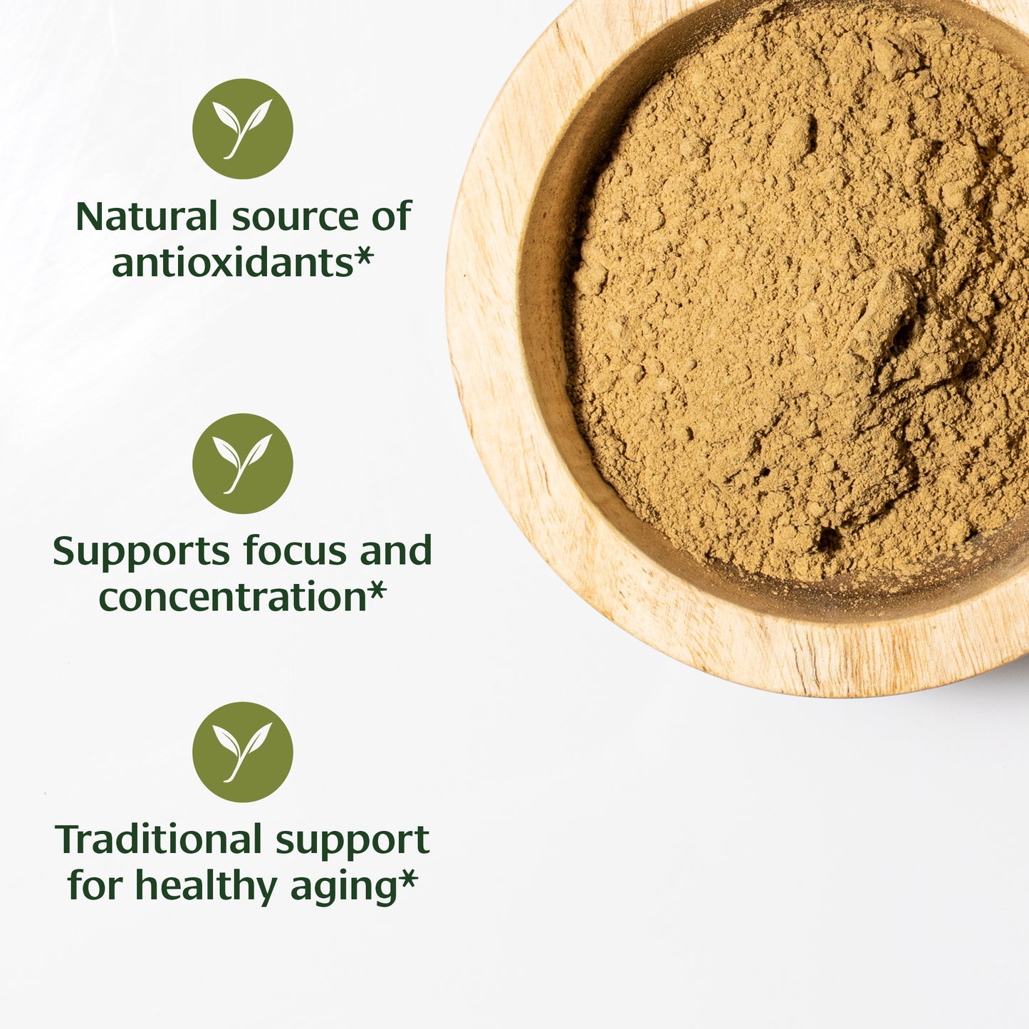 Wooden bowl with bacopa powder and health benefits text on a white background