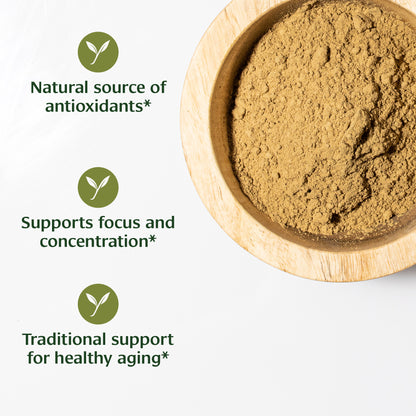 Wooden bowl with bacopa powder and health benefits text on a white background