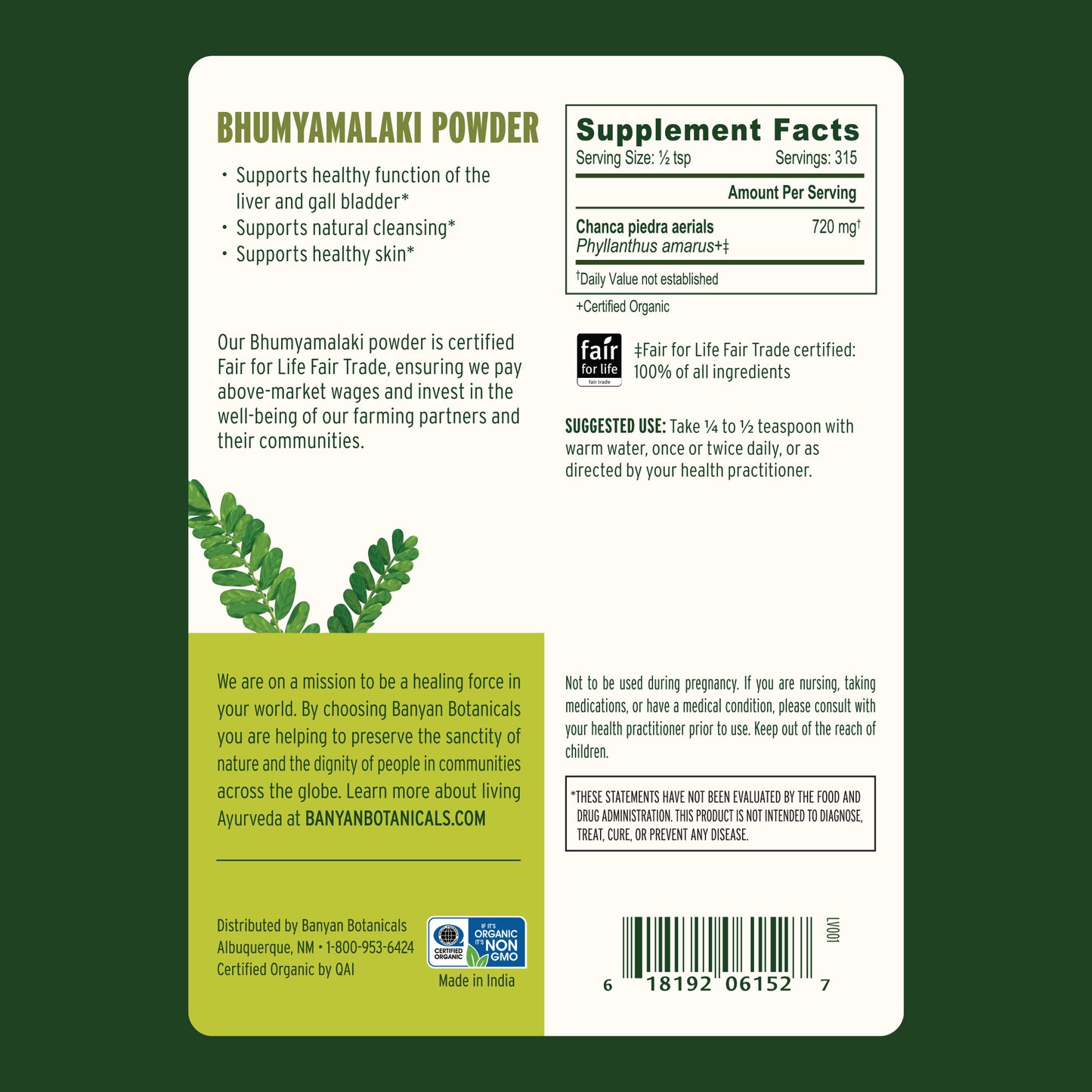 1/2 lb: Bhumyamalaki powder back label showing supplement facts and suggested use