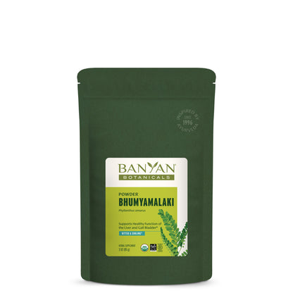 3 oz: Small green pouch of Bhumyamalaki powder on white background