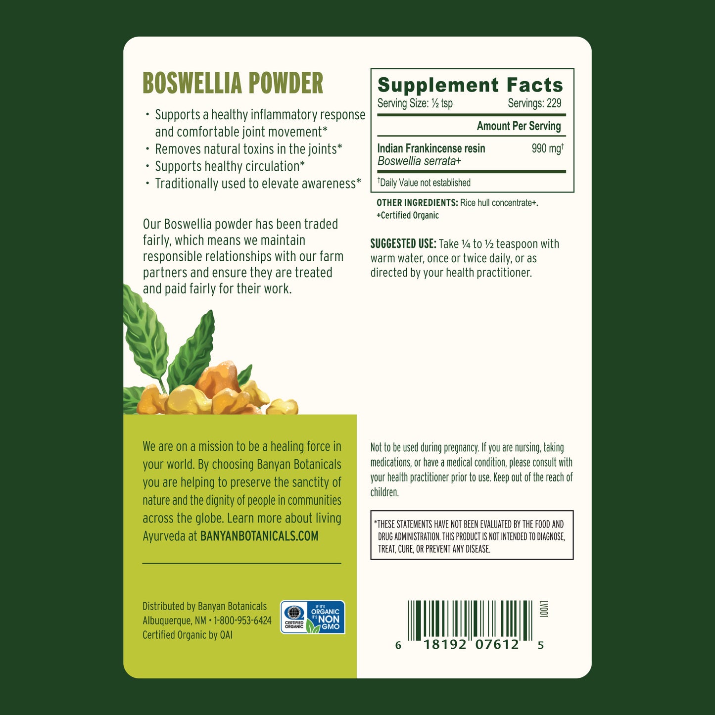 1/2 lb: Boswelia powder back label showing supplement facts and suggested use