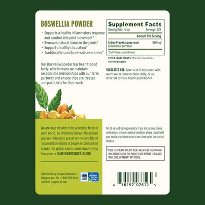 1/2 lb: Boswelia powder back label showing supplement facts and suggested use