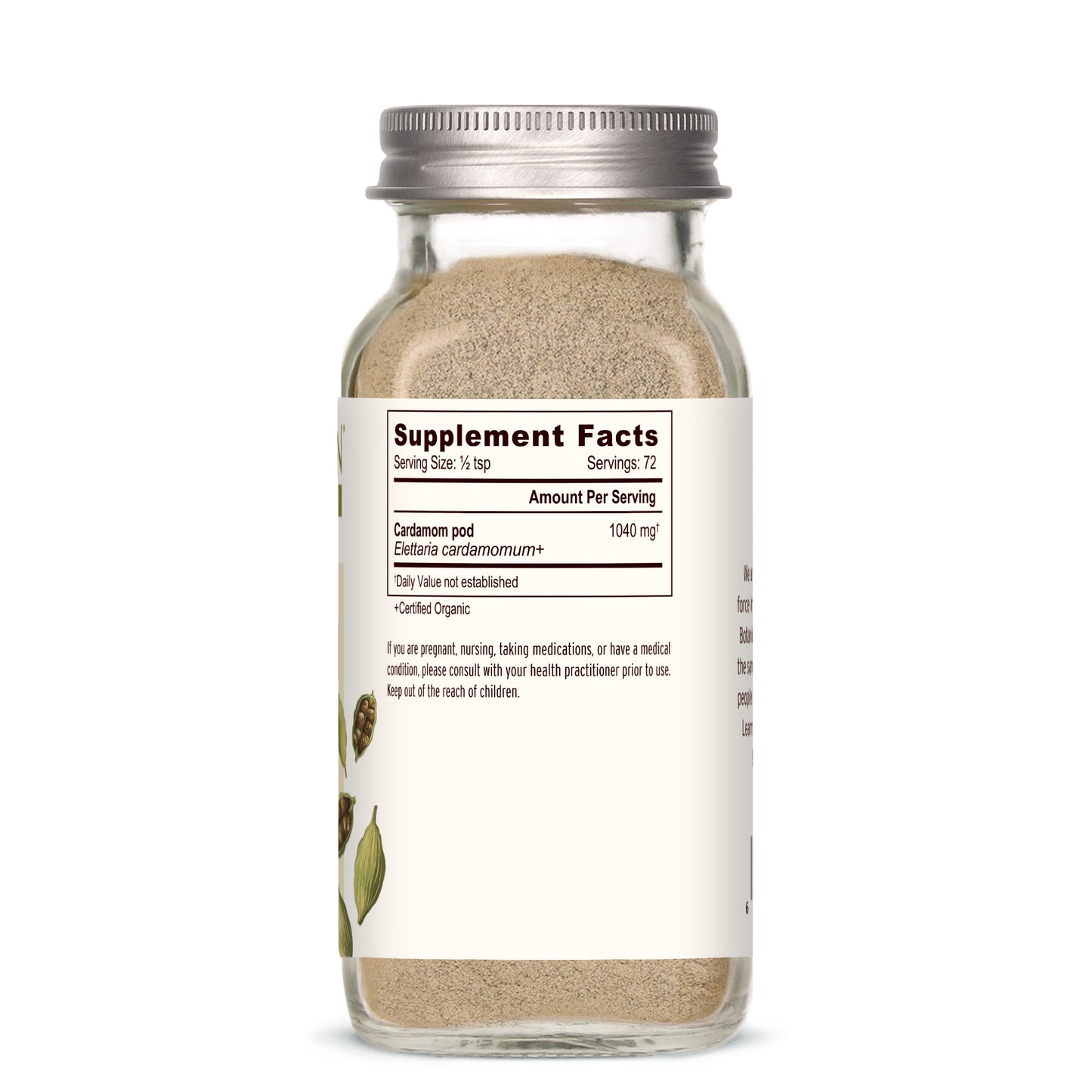 spice jar: Glass jar of cardamom spice with label showing supplement facts on a white background