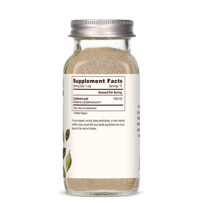 spice jar: Glass jar of cardamom spice with label showing supplement facts on a white background