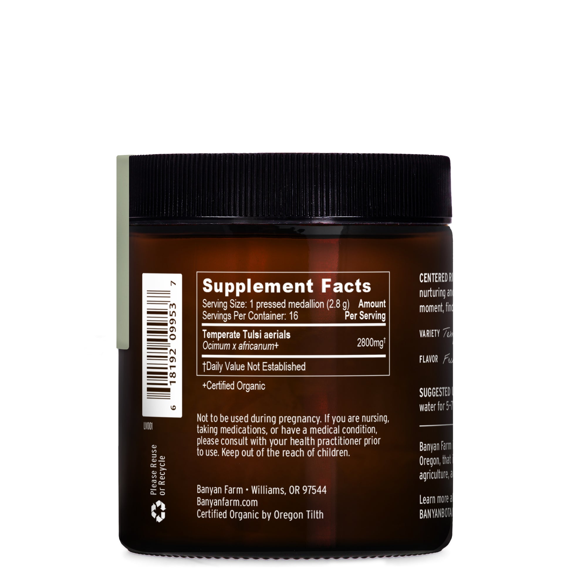 Centered Ritual Tulsi Supplement Facts Panel