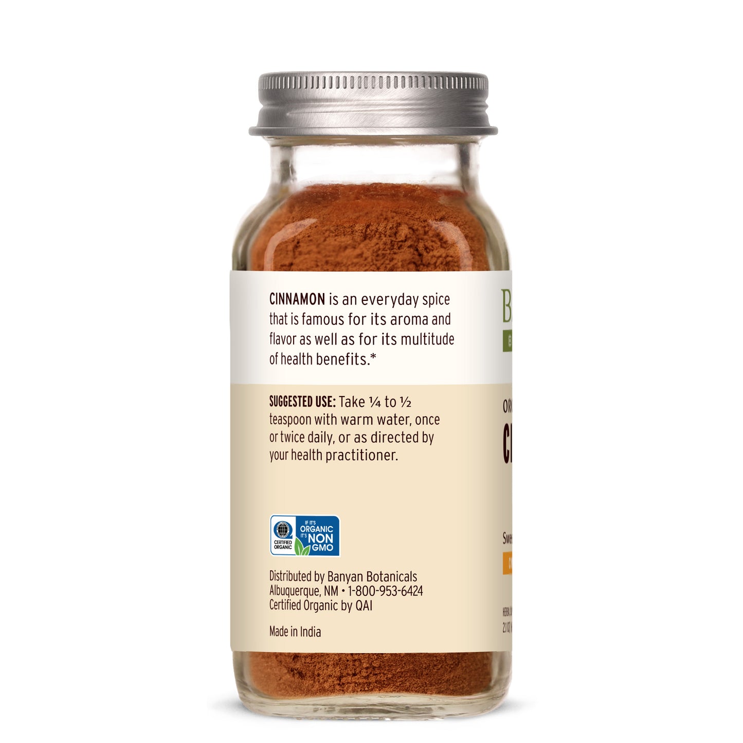 spice jar: Cinnamon powder spice jar showing side label with suggested use