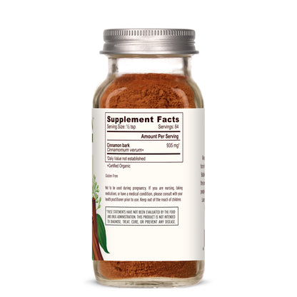 spice jar: Cinnamon powder spice jar showing side label with supplement facts panel