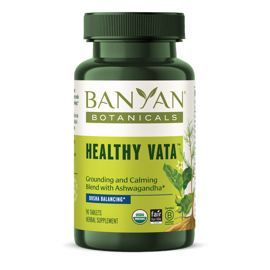 Bottle of Banyan Botanicals Healthy Vata tablets on a white background