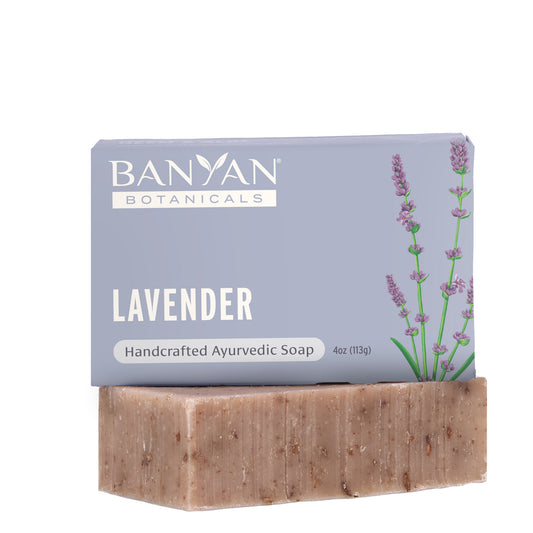 Banyan Botanicals lavender soap bar with packaging on a white background
