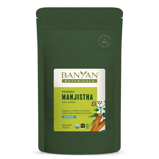 1/2 lb: Green package of Banyan Botanicals Powder Manjistha on a white background