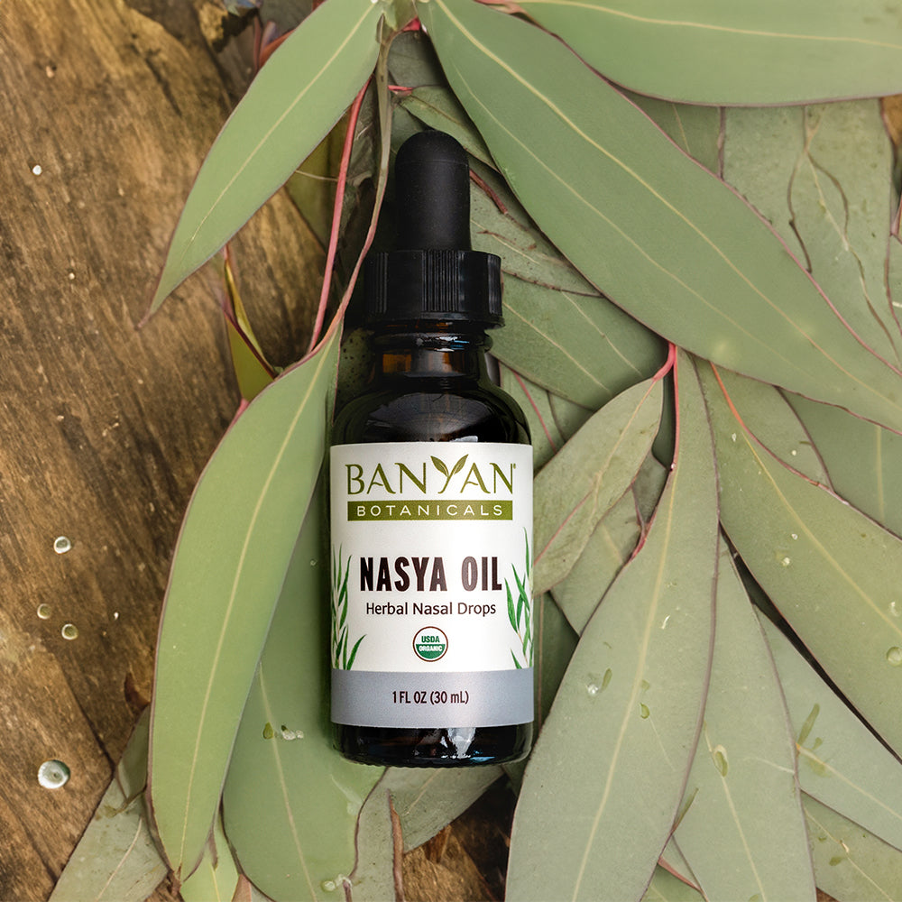 Nasya Oil and eucalyptus leaves
