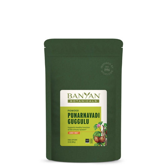 Punarnavadi Guggulu powder in green pouch on white background