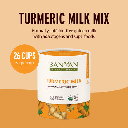Banyan Botanicals Turmeric Milk Mix container with text on a beige background—26 cups, $1 per cup